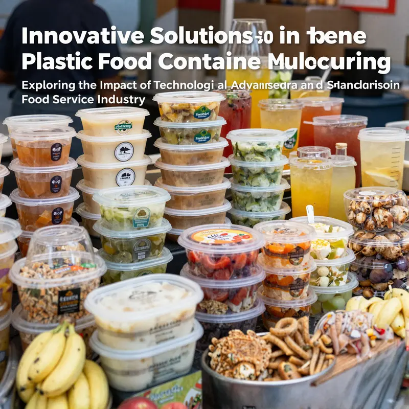 An assortment of plastic food containers filled with beverages and food items in a market atmosphere.