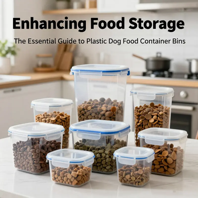 An attractive display of different plastic dog food container bins in a modern kitchen setting.