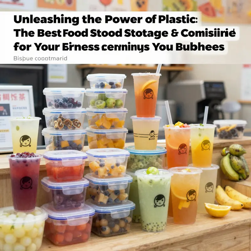 A busy bubble tea shop displaying brightly colored drinks in high-quality plastic food storage containers.