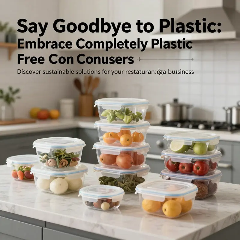 A well-designed kitchen featuring various plastic-free food containers to highlight sustainable storage solutions.