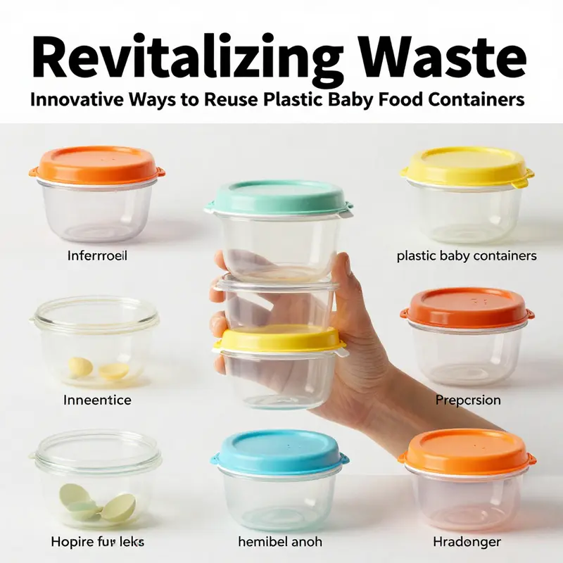 An infographic displaying different ways to repurpose plastic baby food containers, promoting sustainability.