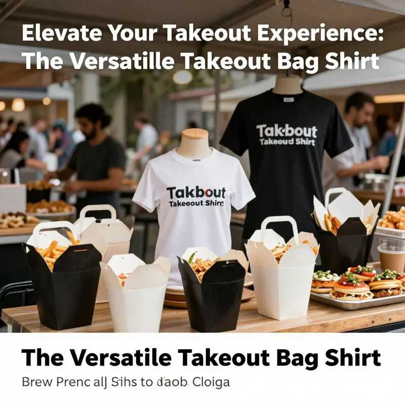 An engaging image featuring multiple takeout bag shirts in various colors and designs used at a food event.