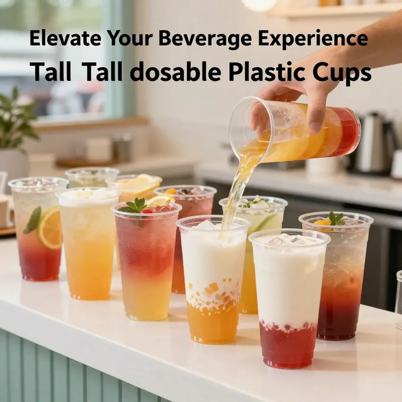 Tall disposable plastic cups in a modern café setting filled with vibrant layered beverages.
