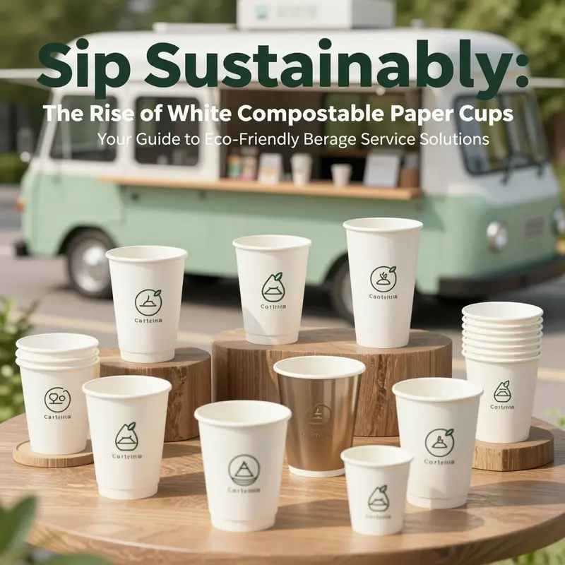 An image showcasing white compostable paper cups in various hospitality settings, emphasizing their versatility and eco-friendliness.