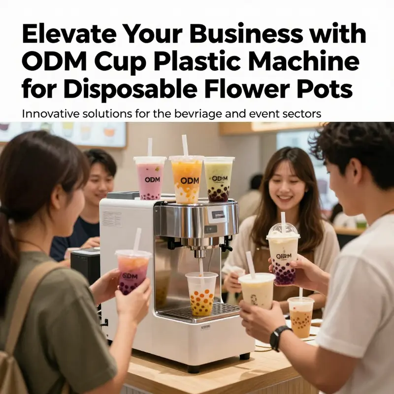 A bustling beverage shop featuring the ODM Cup Plastic Machine, with customers enjoying eco-friendly drinks and decor.