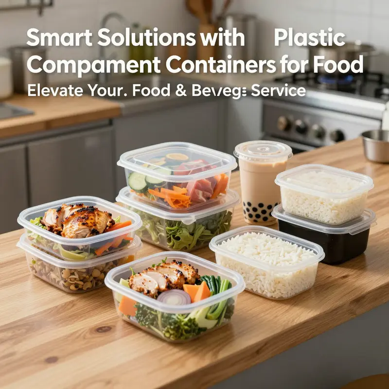 Various plastic compartment food containers filled with assorted meals and bubble tea cups on a wooden kitchen countertop.