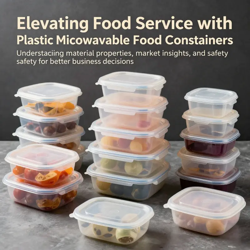 An artistic arrangement of various plastic microwavable food containers, showcasing their uses in food service.