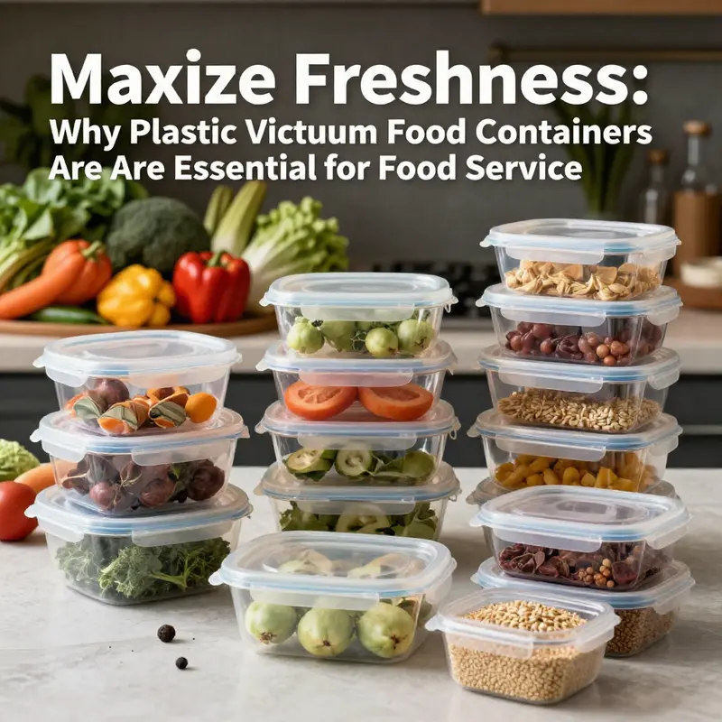 A collection of plastic vacuum food containers filled with fresh produce against a vibrant backdrop.