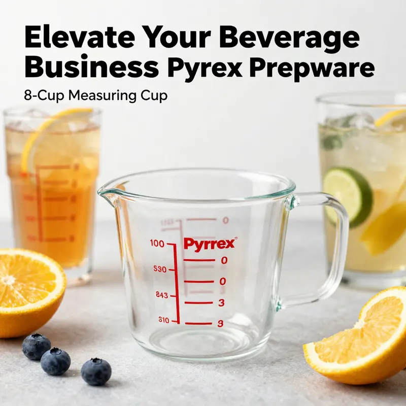 The Pyrex Prepware 8-Cup Measuring Cup surrounded by diverse beverages and ingredients, highlighting its role in food service.