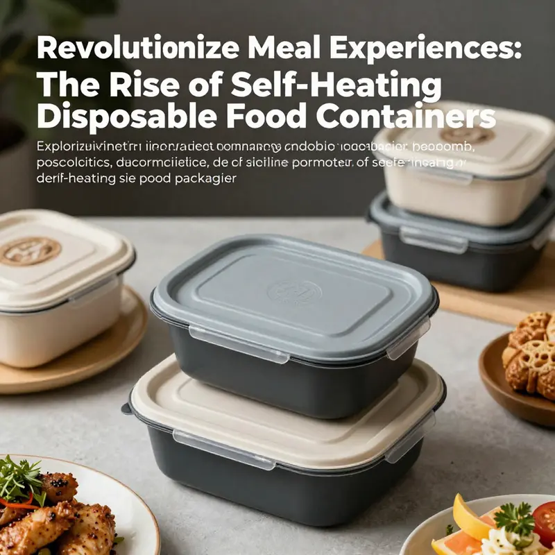 An assortment of self-heating disposable food containers alongside various food items, symbolizing convenience and innovation in dining.