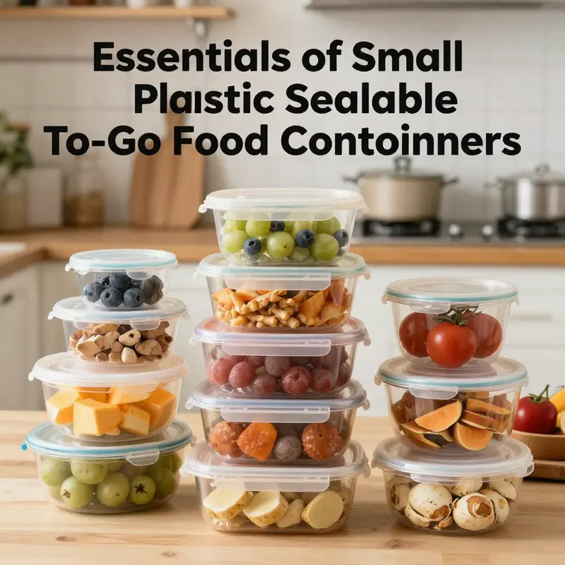 A collection of small plastic sealable to-go food containers filled with various foods in a kitchen setting.