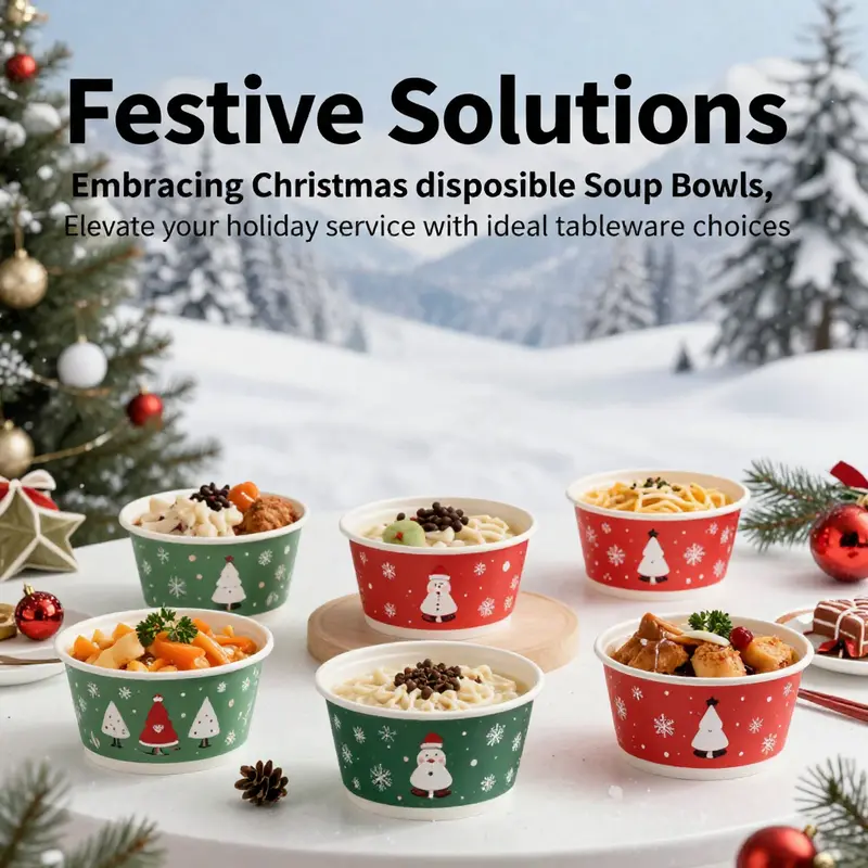 A festive winter dining scene with a focus on Christmas disposable soup bowls, showcasing the products' appeal for holiday events.