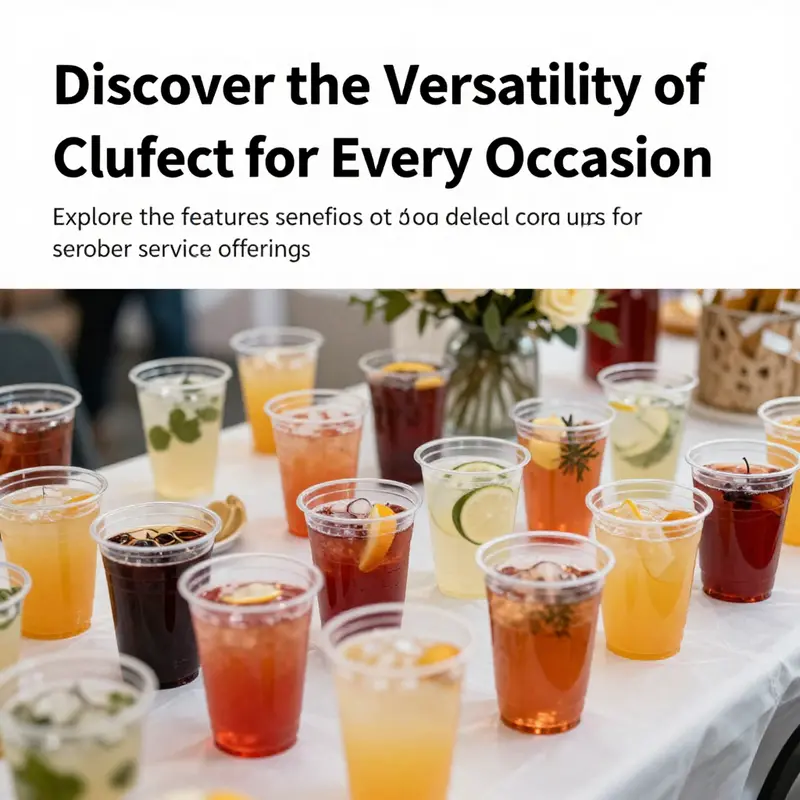An attractive display of colorful drinks in clear plastic cups set up elegantly on a banquet table.