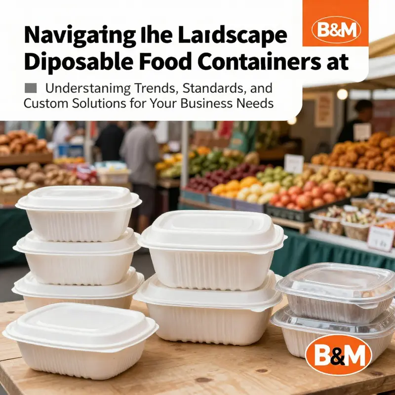 A dynamic scene with various disposable food containers, the B&M logo, and a lively food market, indicating a focus on food service solutions.
