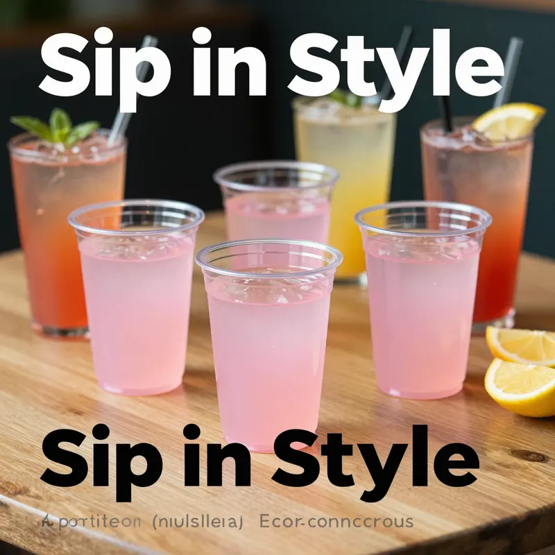 A collection of pink portable clear plastic cups on a table, filled with colorful beverages.