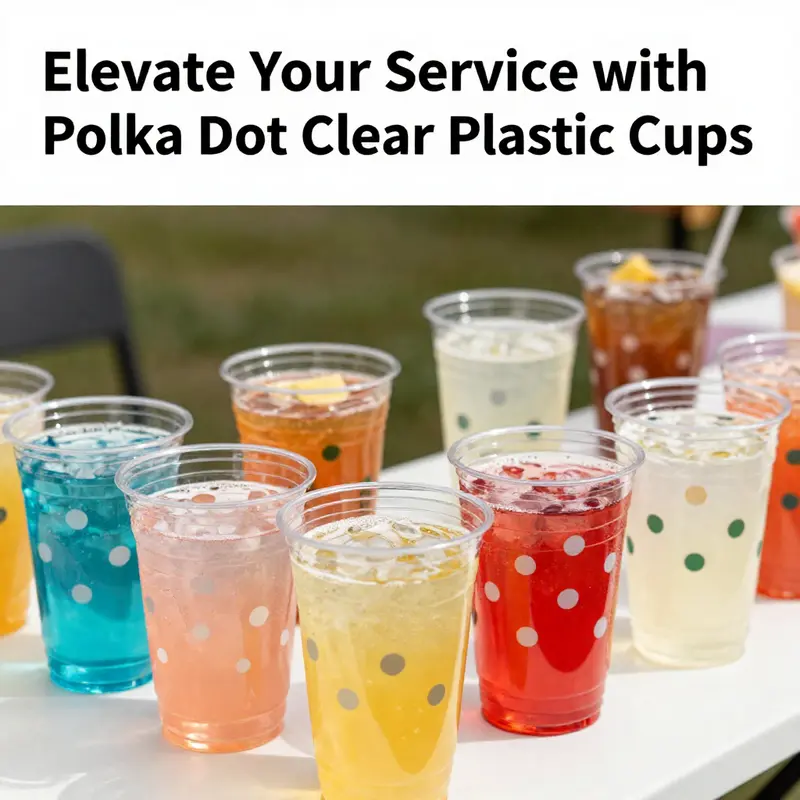 A lively party table adorned with polka dot clear plastic cups filled with drinks, representing joy and celebration.