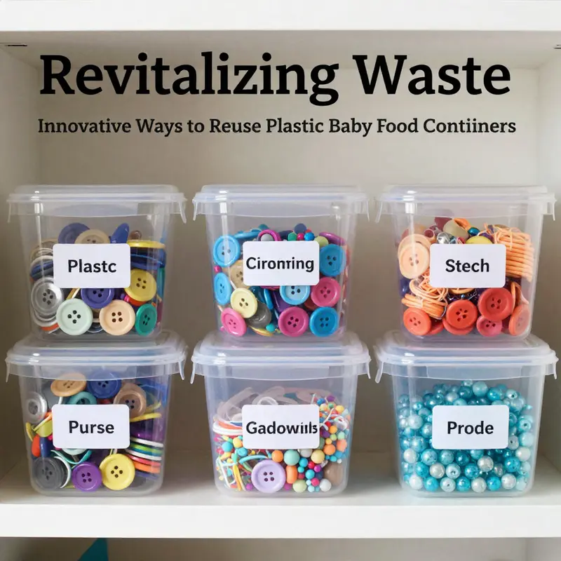 Repurposed baby food containers serve as organized storage solutions for craft supplies.