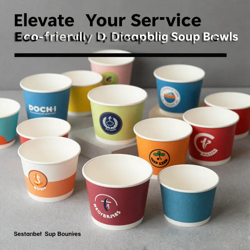 A selection of disposable paper soup bowls highlighting their variety in size, color, and features.