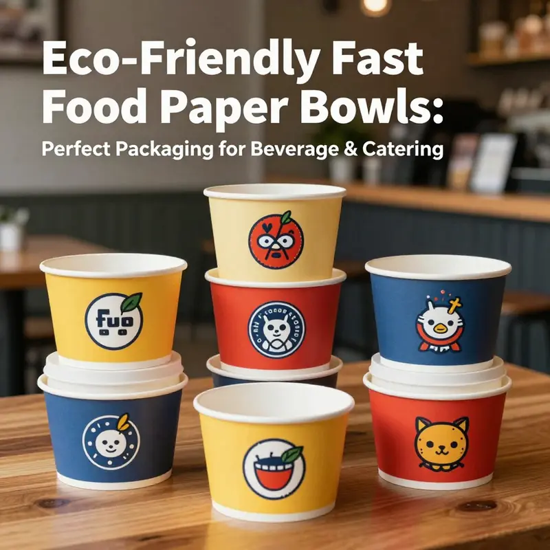 A variety of customized fast food paper bowls showcasing diverse designs, perfect for branding.