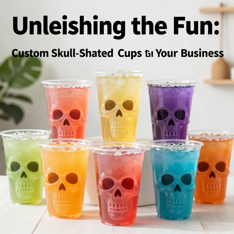 Colorful custom skull-shaped cups with logos presented on a vibrant background.
