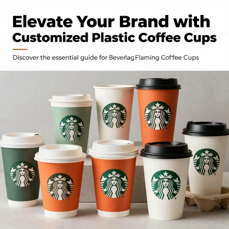 A colorful display of customized disposable coffee cups with logos and designs from various beverage brands.