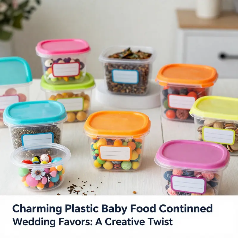 Decorated plastic baby food containers arranged as wedding favors, creatively filled and personalized.