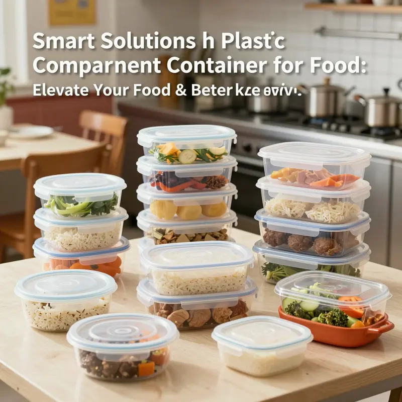 Food-grade plastic compartment containers showcasing material types and safety certifications.
