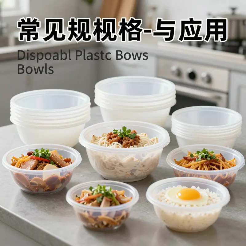 Different types of disposable plastic bowls made from PET, PP, and PLA materials.