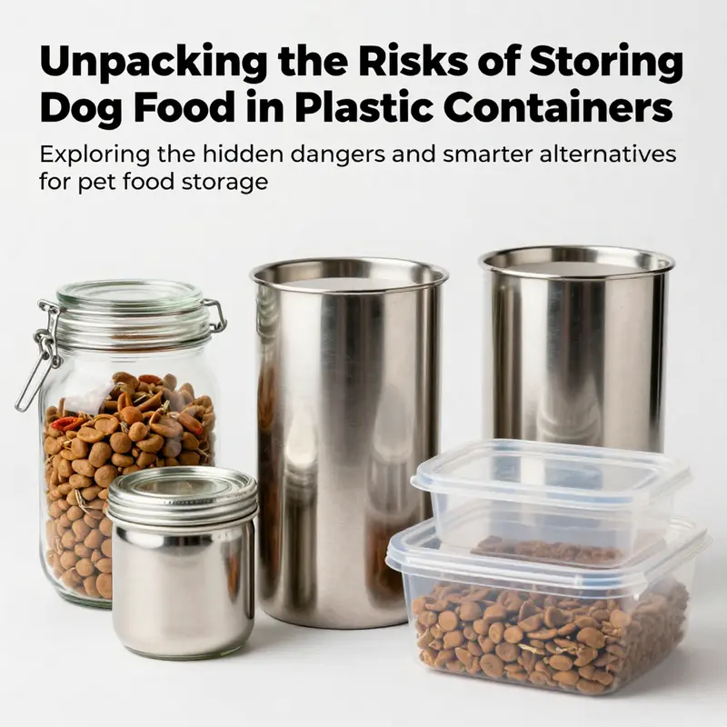 An informative image displaying different dog food storage containers, illustrating safe options for pet owners.