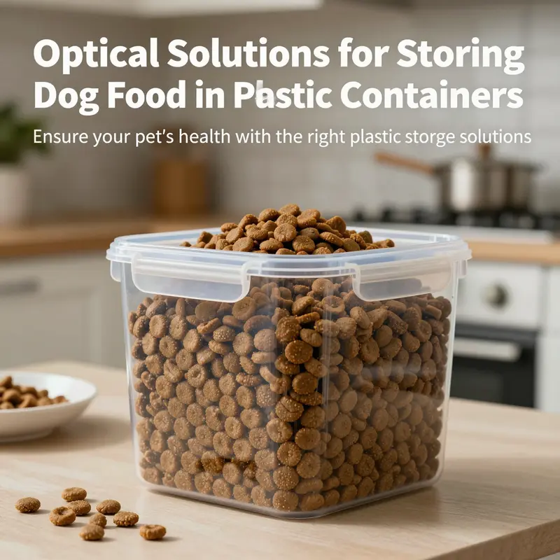 A clean kitchen with a focus on food-grade plastic containers for dog food.