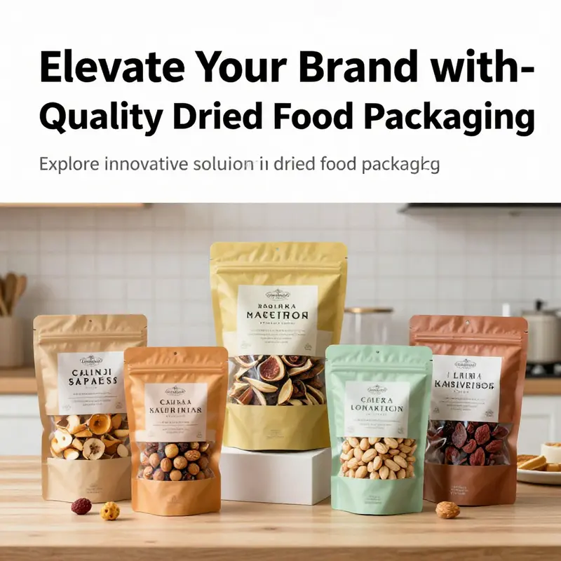 An array of stylish dried food packaging options displayed in a modern kitchen setting, featuring dried fruits, nuts, and snacks.