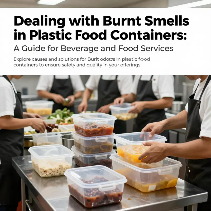 A bustling kitchen with staff preparing food, emphasizing the use and care of plastic food containers.