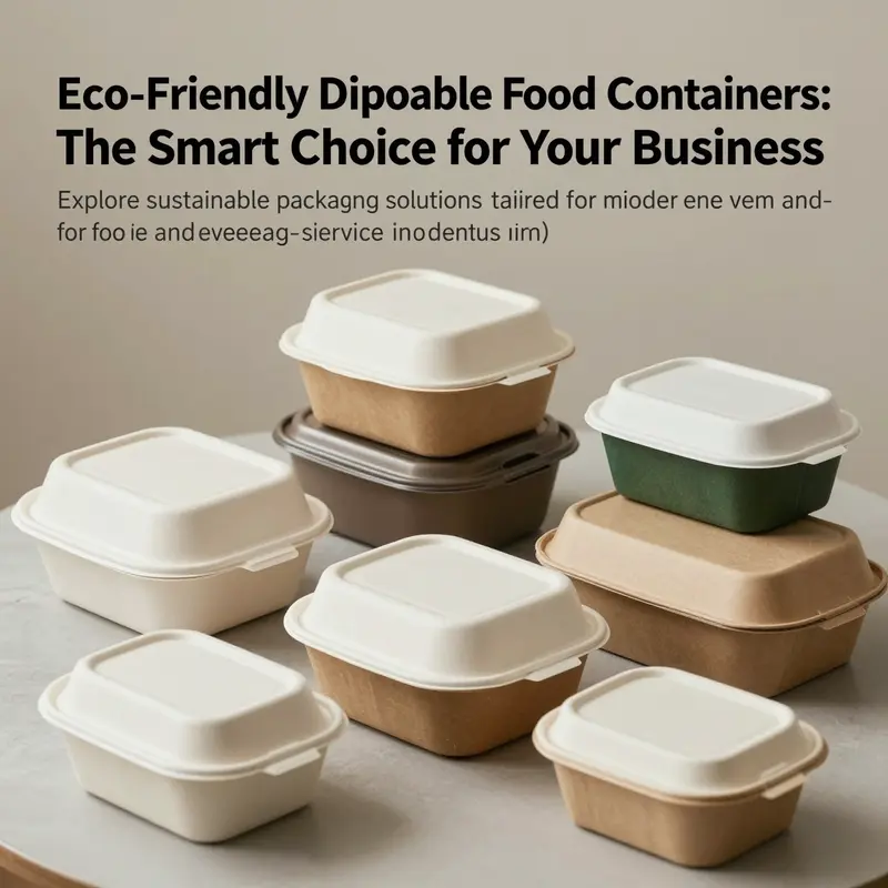 A variety of eco-friendly disposable food containers demonstrating different eco-friendly designs on a clean table.