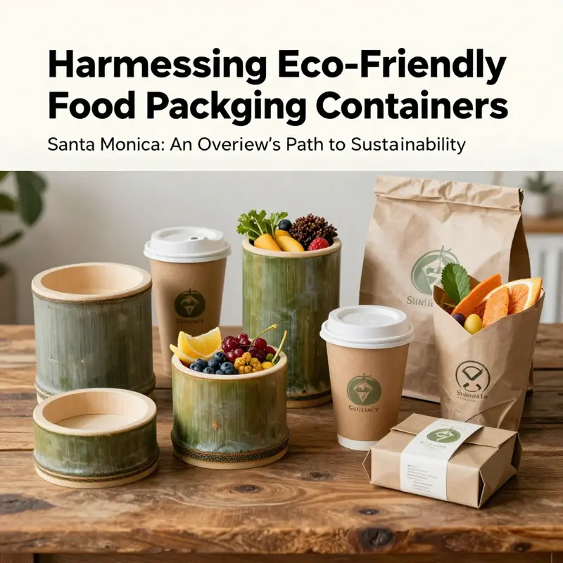 A display of various eco-friendly food packaging materials available in Santa Monica, emphasizing sustainability and innovation.