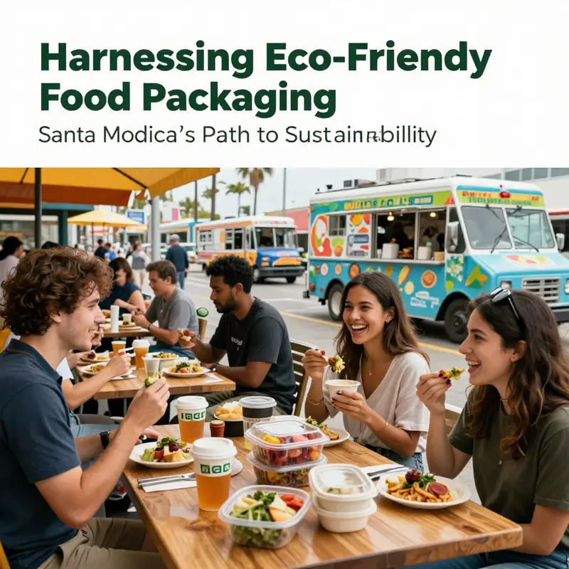 A display of various eco-friendly food packaging materials available in Santa Monica, emphasizing sustainability and innovation.