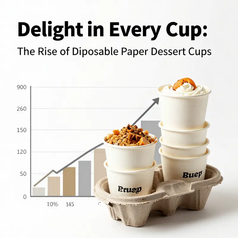 Visual representation of materials used and the manufacturing process of disposable paper dessert cups.