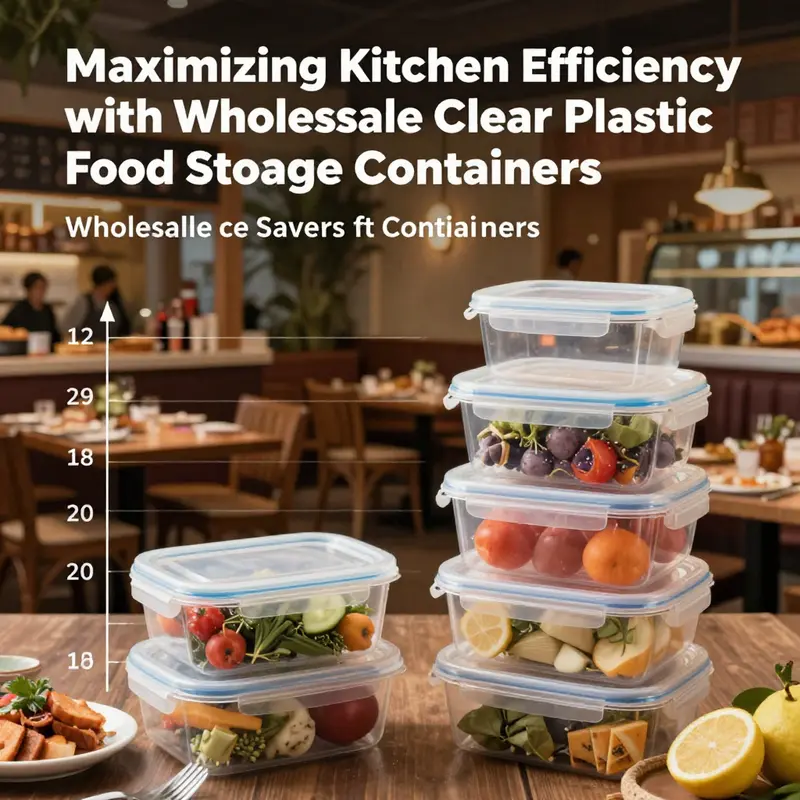 A diverse selection of clear plastic food storage containers highlighting their visibility and organization potential for food businesses.