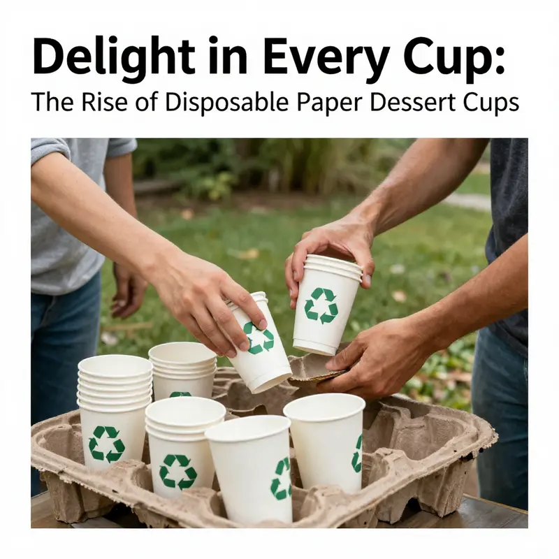 Visual representation of materials used and the manufacturing process of disposable paper dessert cups.