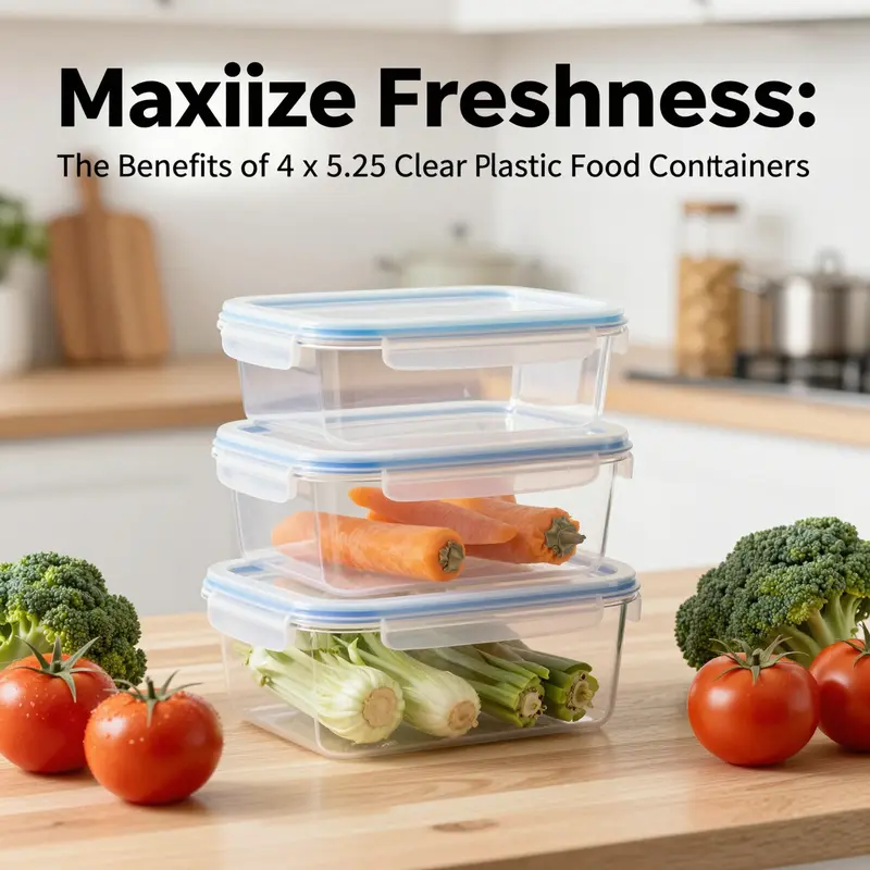 Clear plastic food storage containers in a sustainable kitchen environment, emphasizing eco-conscious practices.