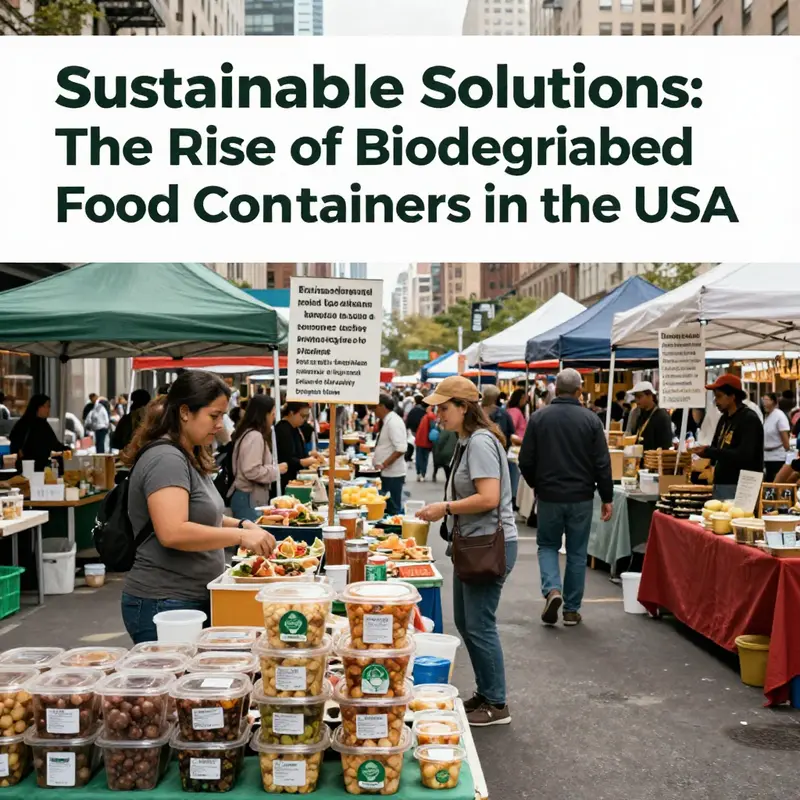 A city market showcasing biodegradable food containers, reflecting the impact of environmental regulations.