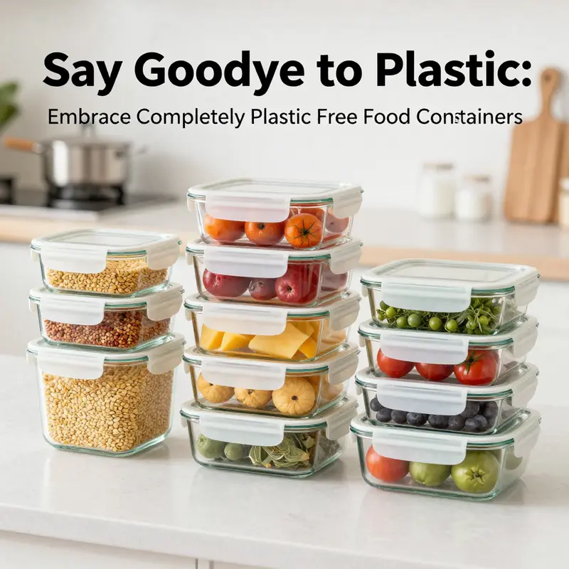 A variety of glass containers filled with healthy food options, promoting a plastic-free lifestyle.
