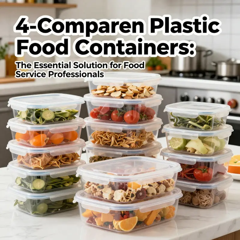 An organized display of food items in 4-compartment plastic containers, representing versatility in meal prep and catering.