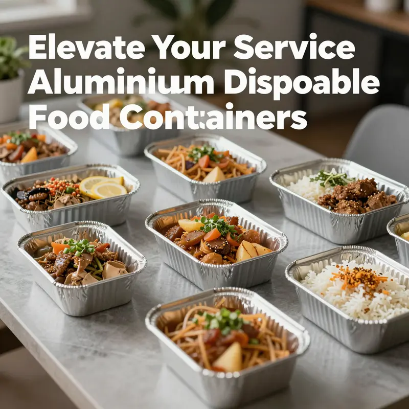 An elegant display of food served in aluminium disposable containers at a modern dining setup.