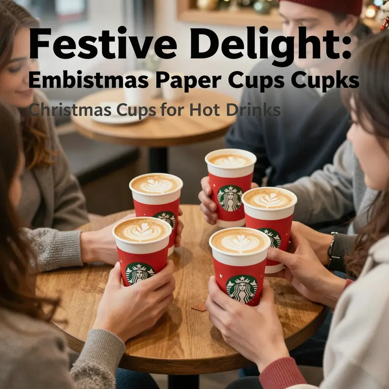 People enjoying hot drinks in a cozy café, highlighting the use of Christmas paper cups amidst a cheerful holiday setting.