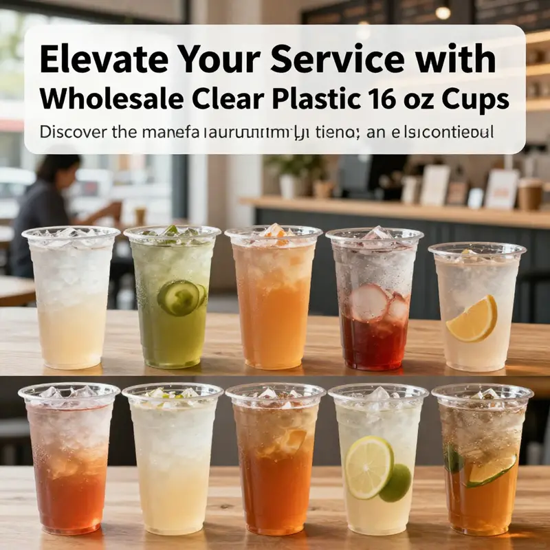 An array of clear plastic 16 oz cups filled with different beverages, showcasing their diverse use in food and drink service.