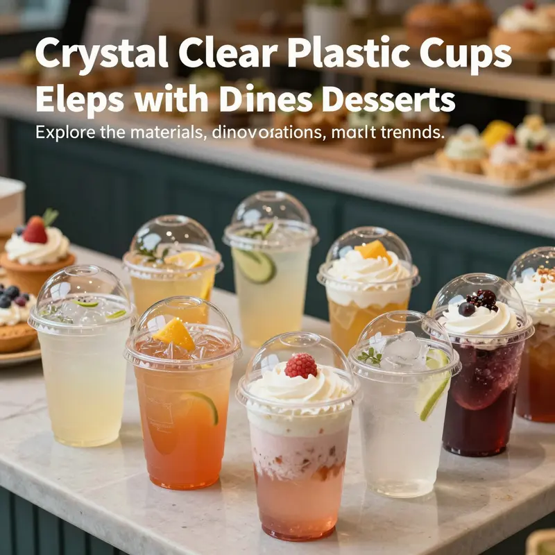 A visually appealing display of crystal clear plastic cups with dome lids filled with drinks and desserts.