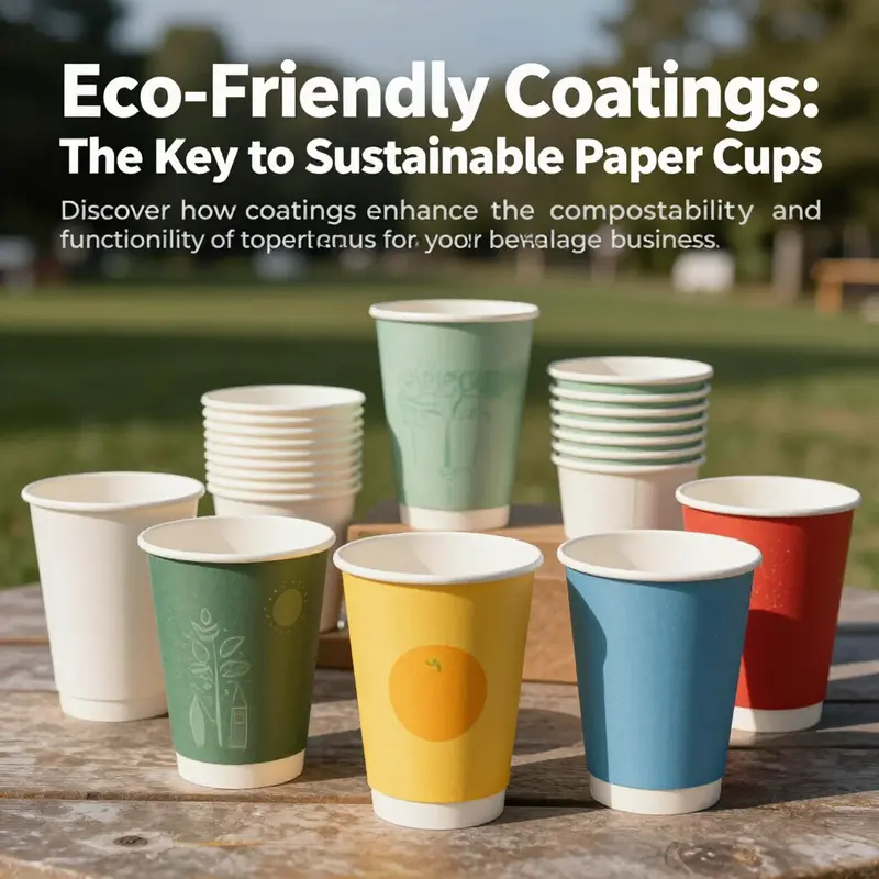 Diverse range of eco-friendly paper compostable cups with colorful designs and coatings in an outdoor environment.