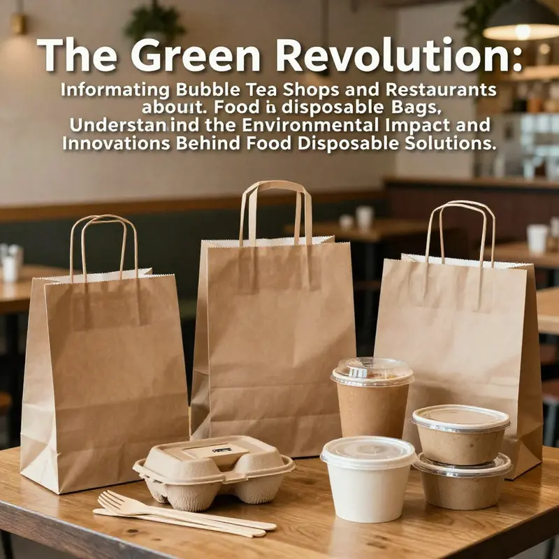 A collage of sustainable food packaging options in a restaurant, showcasing eco-friendly disposable bags and utensils.