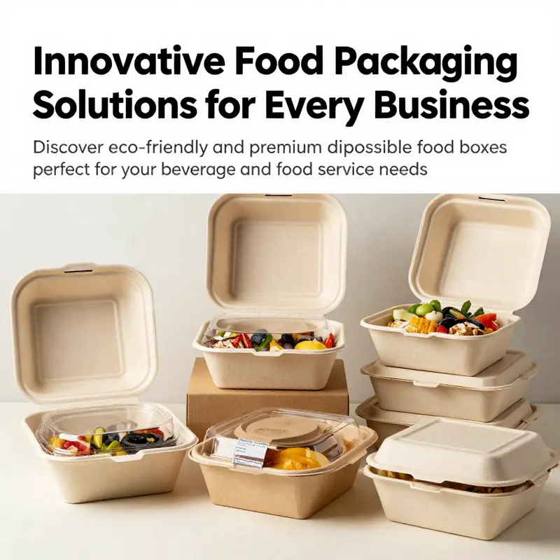 An assortment of different disposable food packaging boxes including kraft paper, luxury containers, and sugarcane boxes, filled with various foods.