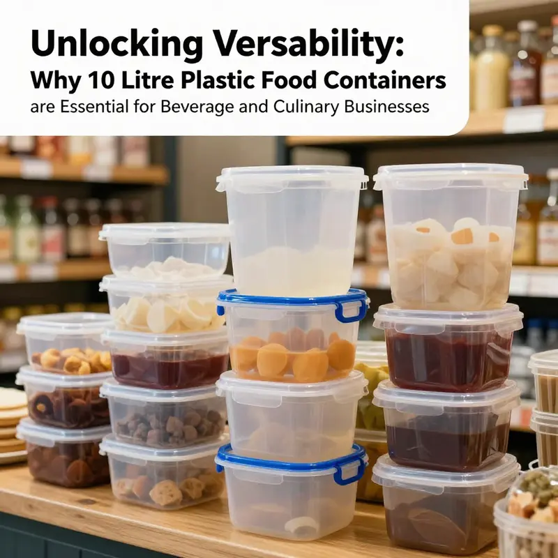 Colorful collection of 10 litre plastic food containers arranged in a bakery, illustrating their role in food service.